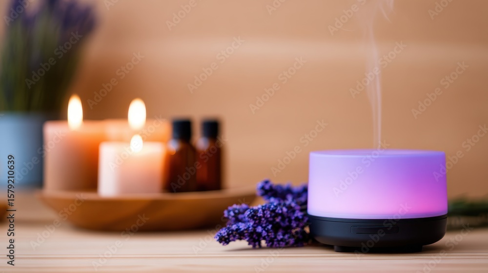 Poster aromatherapy diffuser emitting mist with candles and essential oils in a calming setting