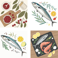 Obraz premium Fresh mackerel and shrimp with cherries and citrus fruits