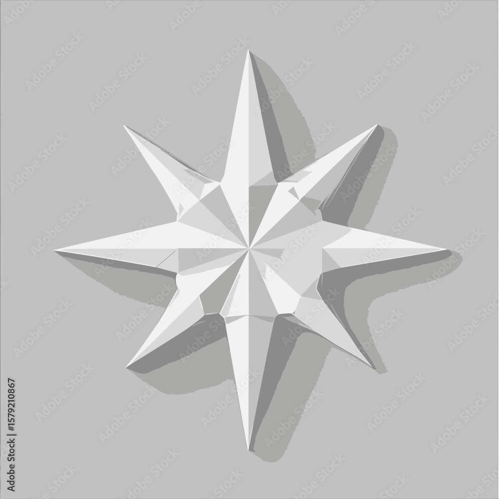 Poster white low poly 3d geometric compass rose with sharp triangular points on soft gray background minima