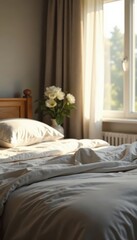 Neatly made bed, soft light streaming through window, style, decor, curtains