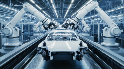 car chassis lined up on a hi tech factory production line with robotic arm