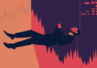 Businessman falling sideways on sharp declining stock market chart symbolizing financial loss economic downturn investment risk and market crash concept vector illustration