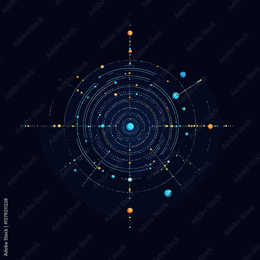 Poster abstract digital cosmic star map with concentric circles and orbiting planets in futuristic vector s