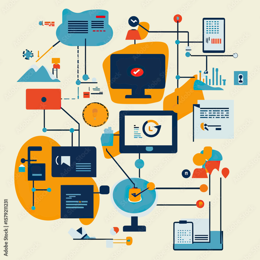 Poster abstract business workflow infographic with computer screens, charts, data analysis icons, network c