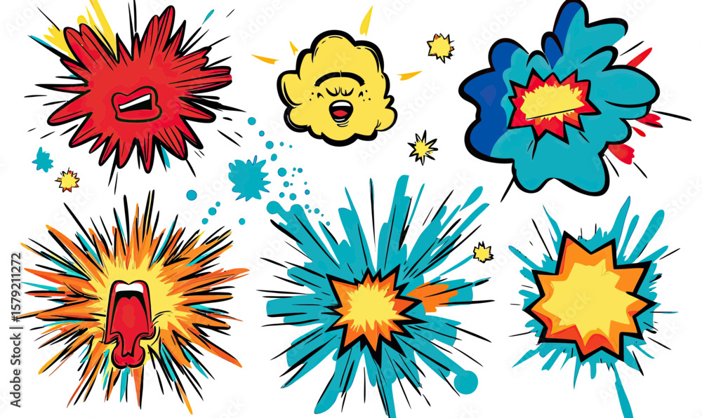Poster colorful comic style explosion bubbles with expressive faces and dynamic bursting effects in flat mi