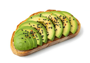 Healthy Avocado Toast with Fresh Sliced Avocado, Black Sesame Seeds and Chili Flakes on Toasted Bread