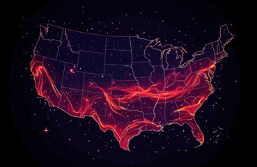 Abstract glowing USA map with fiery red flames and starry cosmic background digital design in dark theme vector illustration