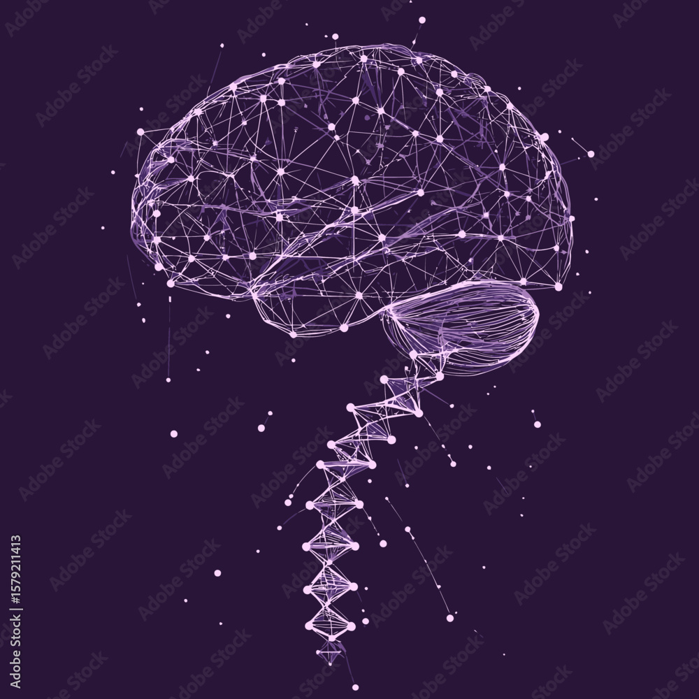 Poster abstract purple low poly wireframe brain connected to spinal cord with glowing nodes on dark backgro