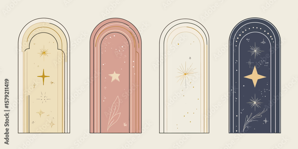 Poster minimalist boho mystic arch frames set with stars and celestial line art in soft pastel and dark col
