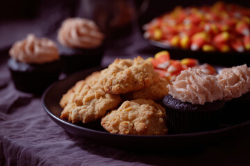 Plate of cookies and cupcakes with frosting, surrounded by candy corn