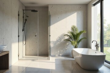 Fototapeta premium Sleek minimalist shower & tub, modern fixtures, water, mirror