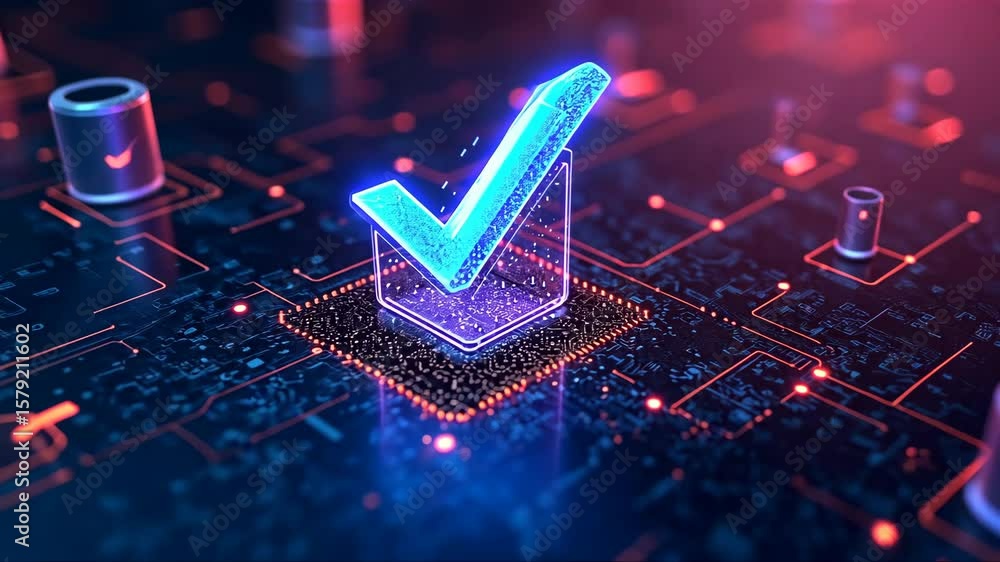 Poster blue check mark is on a computer chip. the chip is surrounded by many other chips. concept of import