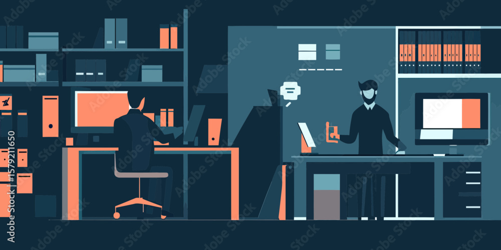 Poster modern office workspace with two professionals working on computers surrounded by shelves with docum
