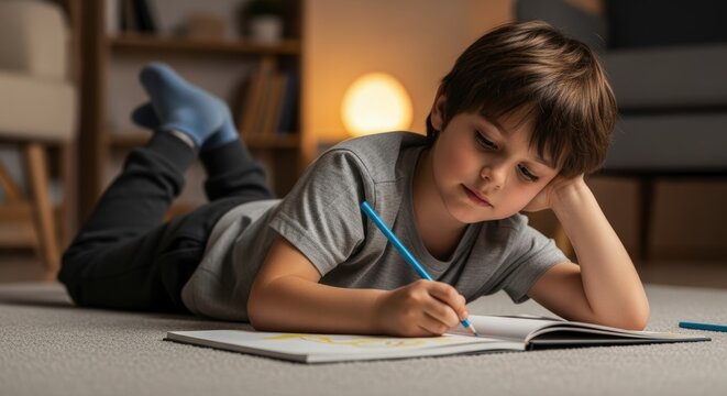 Young boy concentrating on drawing in a notebook while lying on the floor at home.