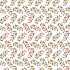 Seamless pattern with berry branch and natural twig. Background of botanical leaf and red berry