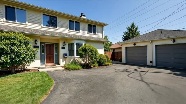 A duplex with a shared driveway and individual garages, ideal for multi-family living in an urban setting..