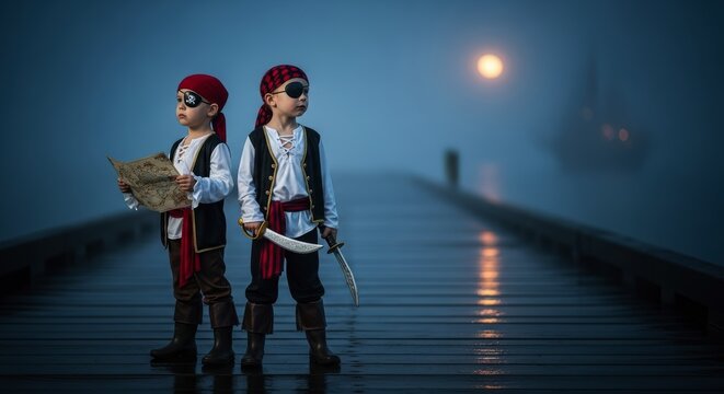 Adventurous young pirate boys with treasure map and sword on a misty dock