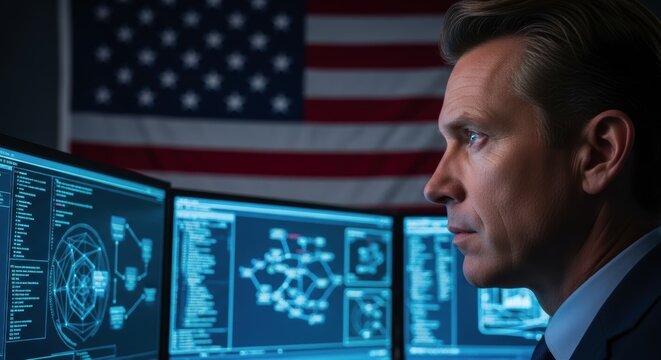 Focused male professional analyzing cybersecurity data on multiple monitors with american flag