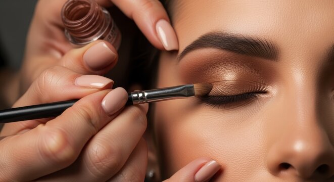 Professional makeup artist applying shimmering eyeshadow to a model closed eye