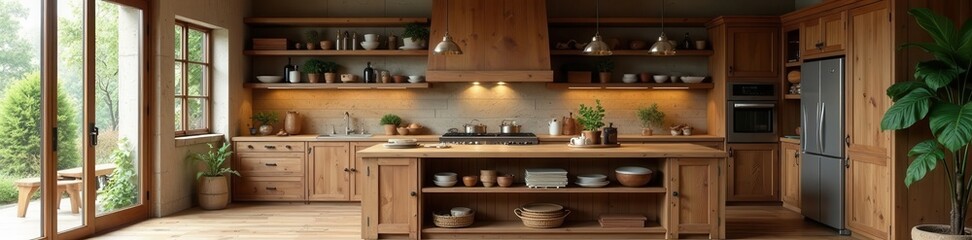 Rustic chic wooden kitchen, rich tones, open shelving, warm, cooking