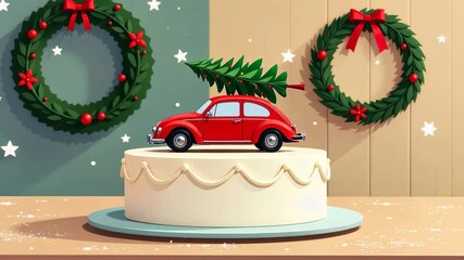holiday composition, blending the charm of a vintage car with Christmas tree atop, sweetness of festive cake, seasonal promotion, greeting card, winter-themed advertisements - Powered by Adobe