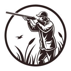 Hunter aims his shotgun towards a flying bird within a circular monochromatic frame
