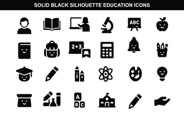 Solid Black Silhouette Education Icons for Worksheets and Classroom Use