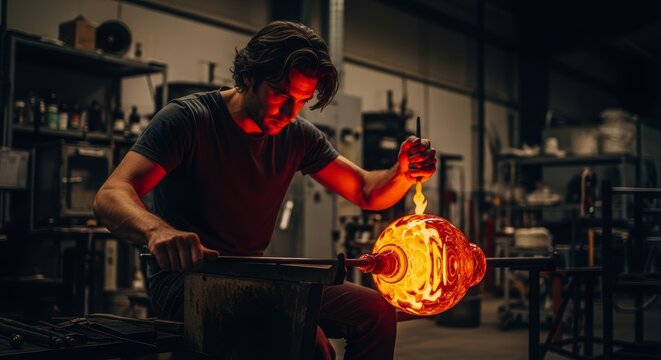 Skilled glassblower shaping molten glass in a dark workshop with intense glow