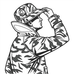 Man in camouflage attire with a hat looks towards the horizon, transparent background