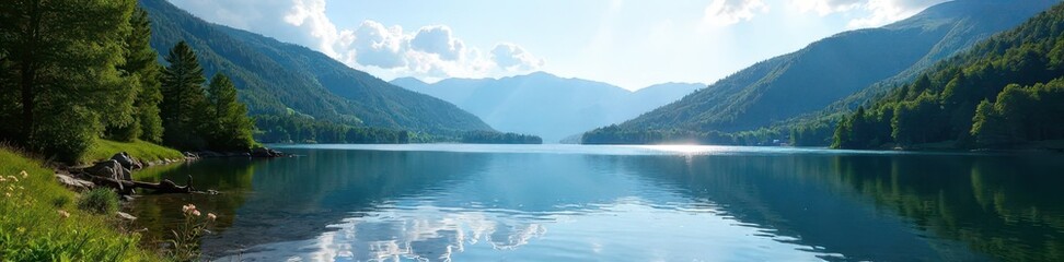 Obraz premium Sparkling Titisee lake, reflecting surrounding Black Forest hills, lake, clear, blue