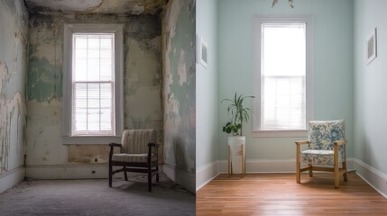 Side-by-side room transformation showing worn outdated decor versus fresh modern furnishings under soft natural lighting.