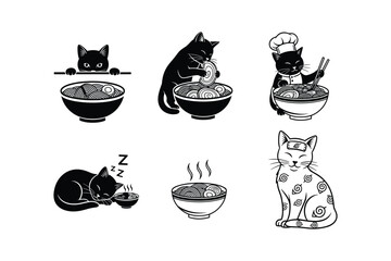 Fototapeta premium Black cats enjoying ramen noodles in various poses feline silhouette