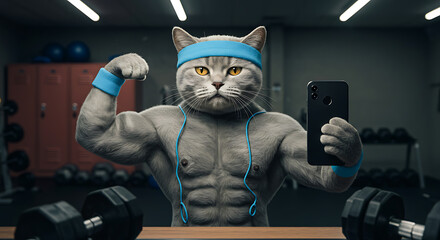 A muscular cat, wearing workout gear, flexes a bicep while taking a selfie in a gym.