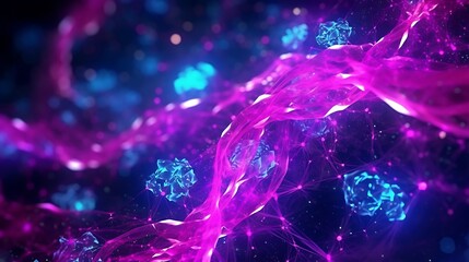 A vibrant, dynamic DNA particle complex in bright magenta and electric blue, particles swirling around the strands in a spiral motion, captured in high-resolution 3D.