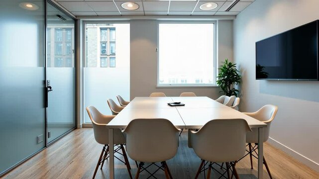 Large conference room with a white table and white chairs. The room is well lit and has a modern feel