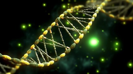A vibrant, high-resolution 3D illustration of a DNA double helix, surrounded by tiny protein particles, illuminated with soft green and yellow lights against a black backdrop.