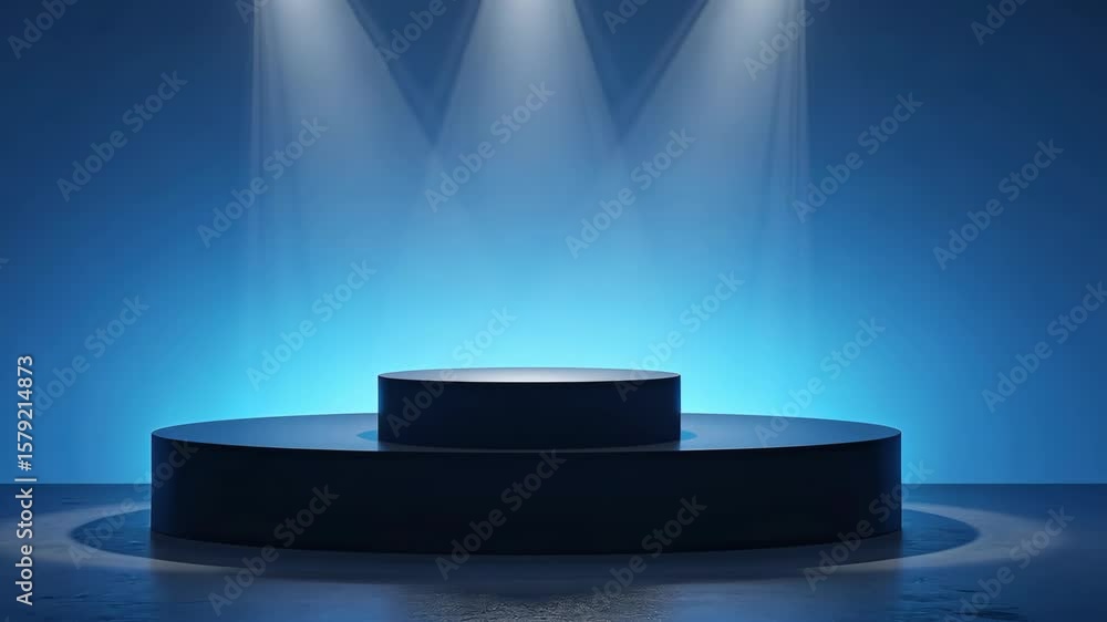 Poster stage with three lights shining on it, creating a blue and white atmosphere. the stage is empty, wit