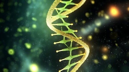 A vibrant, high-resolution 3D illustration of a DNA double helix, surrounded by tiny protein particles, illuminated with soft green and yellow lights against a black backdrop.
