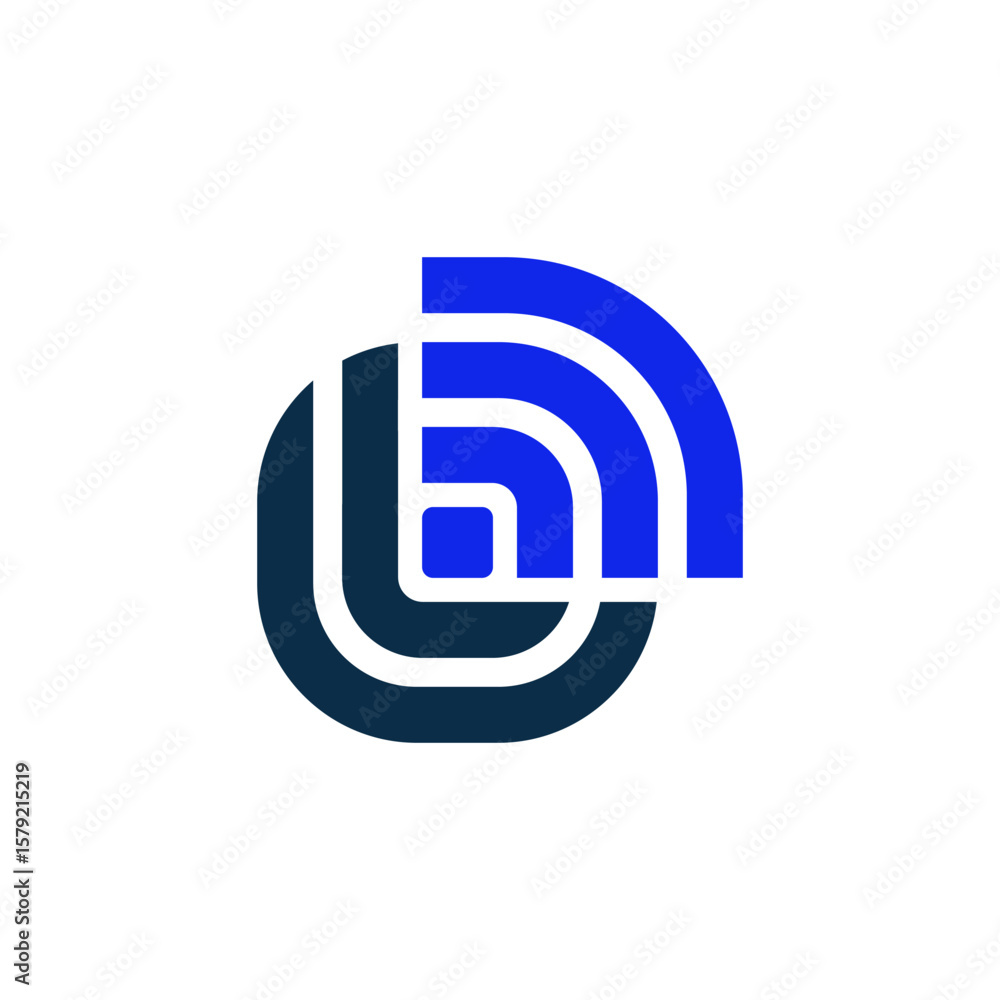 Poster a rounded square logo with abstract blue lines representing wireless signals or connectivity, combin