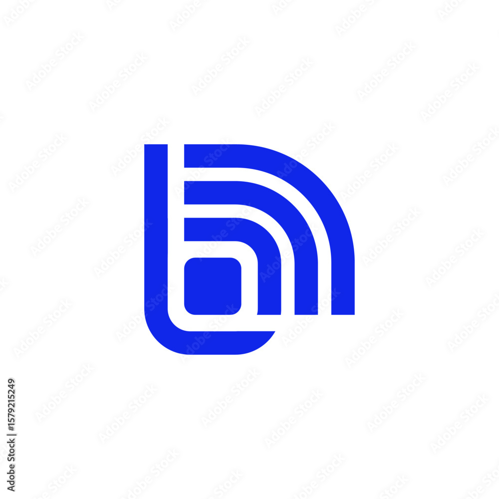 Poster a bold blue abstract form combining a vertical element with multiple concentric arcs, suggesting str