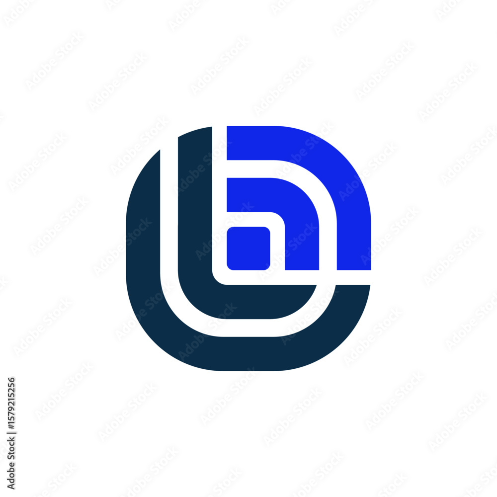 Poster a rounded square logo with abstract blue lines representing wireless signals or connectivity, combin