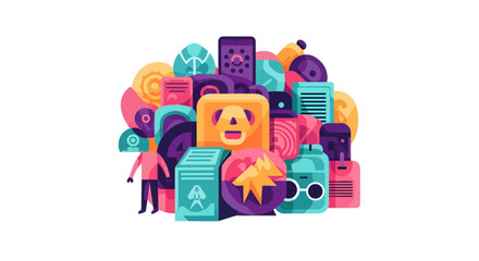 Colorful Digital Assets Crowd, Modern Workspace, Illustration, Vibrant Environment, Overhead View, Design Concept
