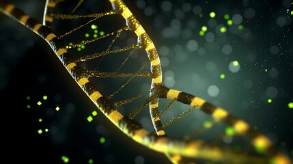 A vibrant, high-resolution 3D illustration of a DNA double helix, surrounded by tiny protein particles, illuminated with soft green and yellow lights against a black backdrop.