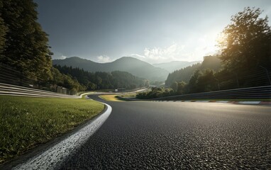 A picturesque view of the Nuremberg-Etschmuzen Alte Straße (Old Road), with greenery and mountains in the background,