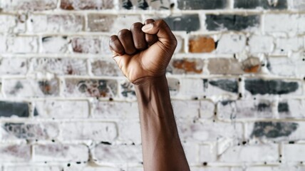 Picture of person raise hand in revolution to change society or celebration for successful goal. Woke activist protest for justice in political policy. Fighting of protester against injustice . AIG53.