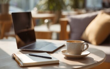 A cup of tea and an open notebook on the desk, with sunlight streaming in from outside through a window, illuminating part of it. The laptop is visible in soft focus behind them, 