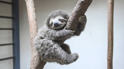 Adorable baby sloth clinging to a tree branch