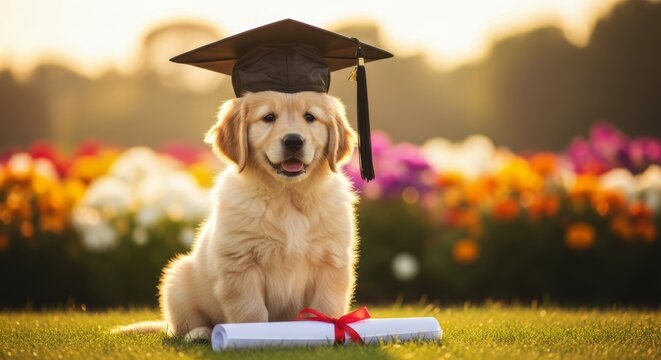 Happy golden retriever puppy in graduation cap with diploma scroll on green grass.