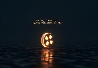 A dark, abstract digital image showing a glowing orange loading spinner with the text "Loading Identity (Queue Position: 13,482)", representing a futuristic system processing or waiting state.