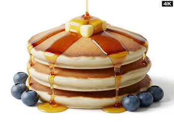 Stack of fluffy buttermilk pancakes with fresh blueberries, butter, and dripping maple syrup on a clean white background